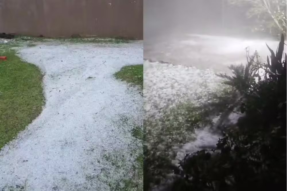 Cidade do Paraná registra granizo que deixa quintal coberto de branco; estado está em alerta de tempestade  